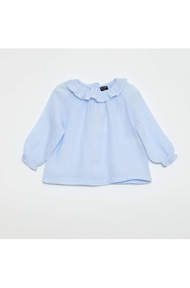 Dobby Blouse with Buttoned Back Opening BLUE