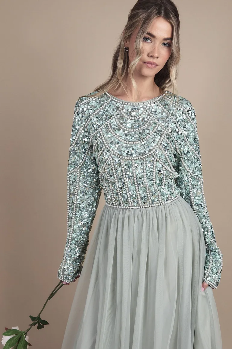 Teen Pearl Embellished Bodice Bridesmaid Tulle Skirt Dress - 3