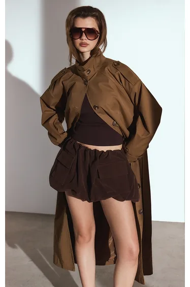 Chocolate Brown Faux Suede Pocket Detail Puffball Mini Skirt