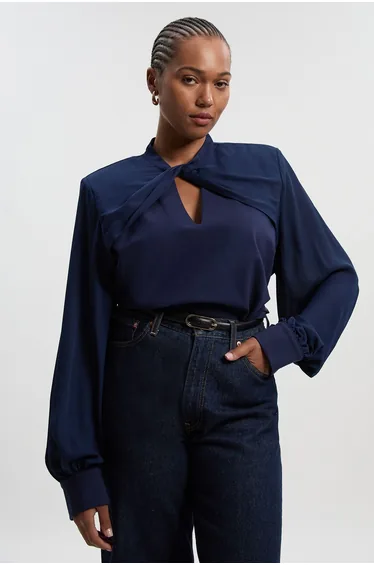 Plus Size Ponte And Georgette Mix Balloon Sleeve Cut Out Detail Top