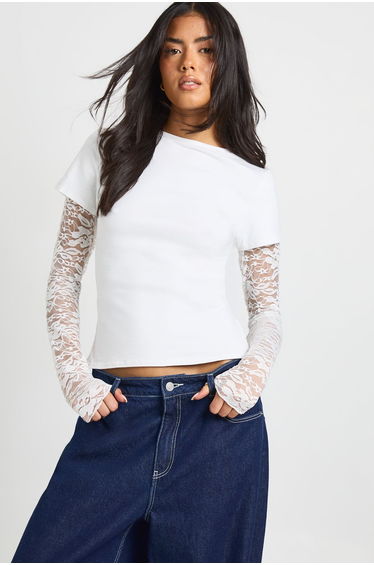 Lace Sleeved Baby Tee - white