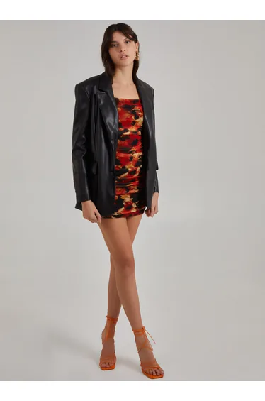 Ruched Smudge Print Long Sleeved Dress