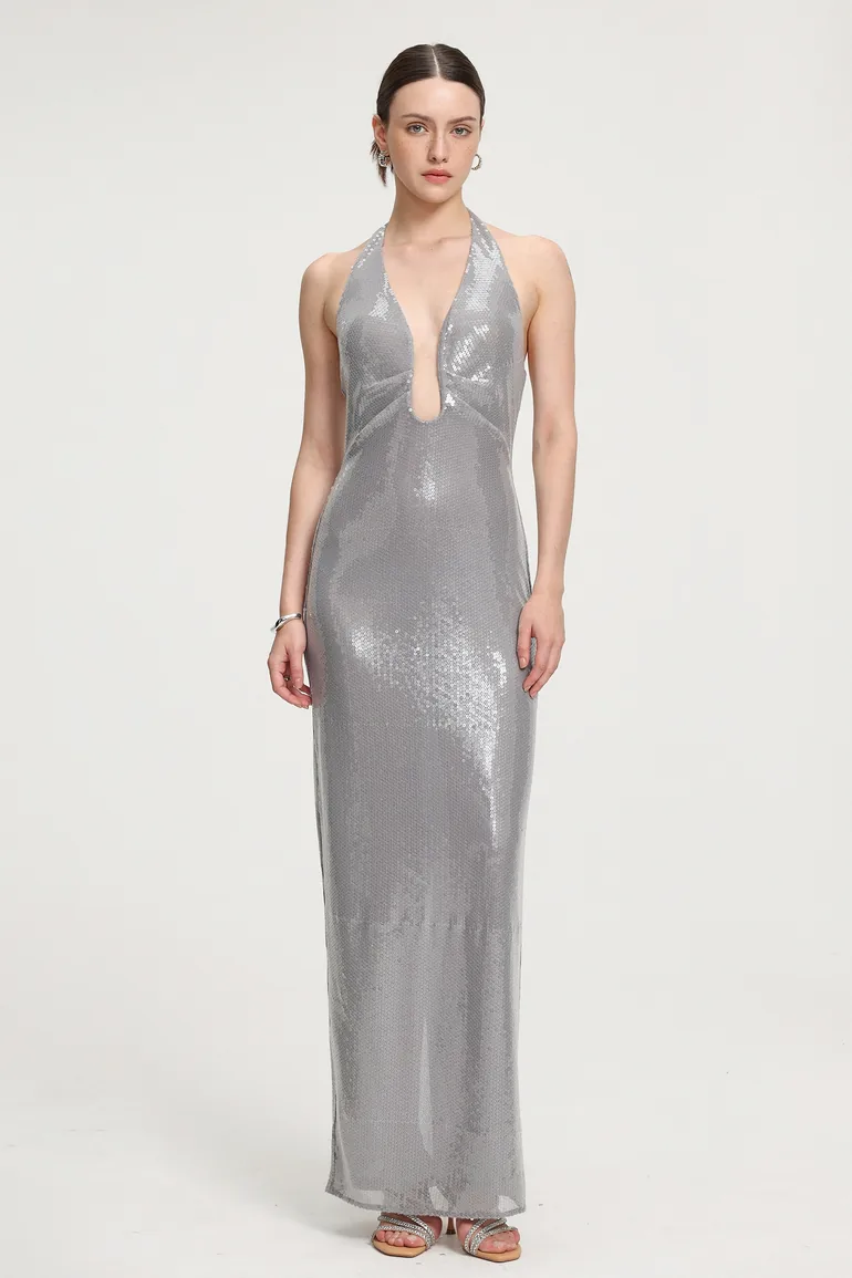 Sequined Halter V-neck Maxi Dress Bella Barnett Silver : Evening Dresses :  VogaCloset Bahrain