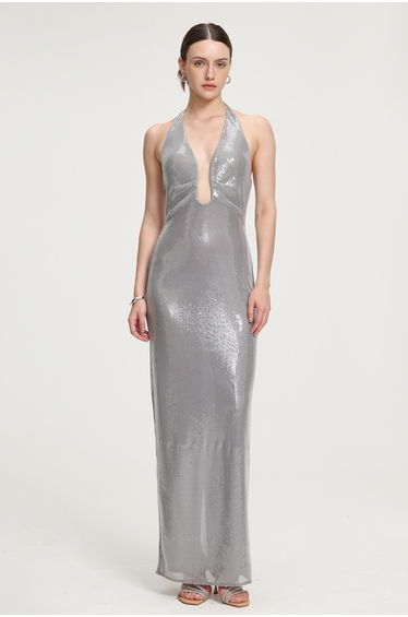 Sequined Halter V-neck Maxi Dress