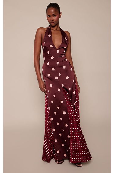 Brown Contrast Polka Dot Halterneck Maxi Dress