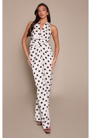 Polka Dot Satin Ruched Detail Plunge Maxi Dress