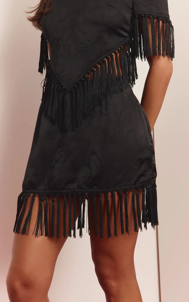 Black Satin Jacquard Tassel Hem Mini Skirt - 1