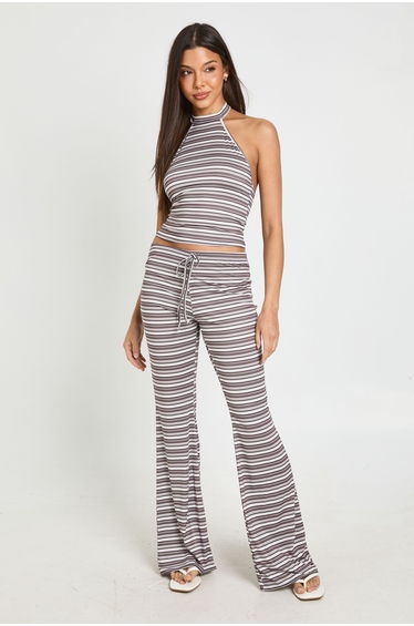 Stripe High Halterneck Top - taupe