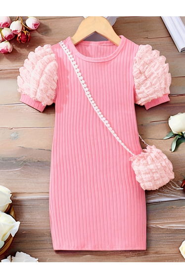 Girls Pink Knit Dress with Sling Bag