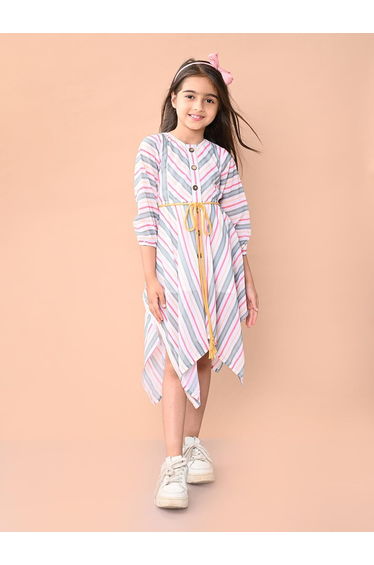 Striped Asymmetric Hem Dress with 3/4th Sleeve