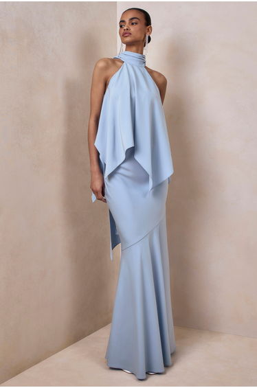 Vayla | Powder Blue Satin Asymmetric Drop-Waist Maxi Skirt