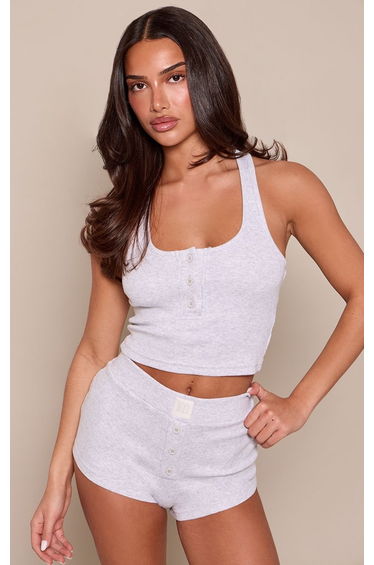 Petite PLT Ash Grey Ribbed Button Front Scoop Neck Vest Top Co-ord