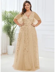 Plus Size Deep V Neck Sequin Evening Gown With Short Sleeves - 3