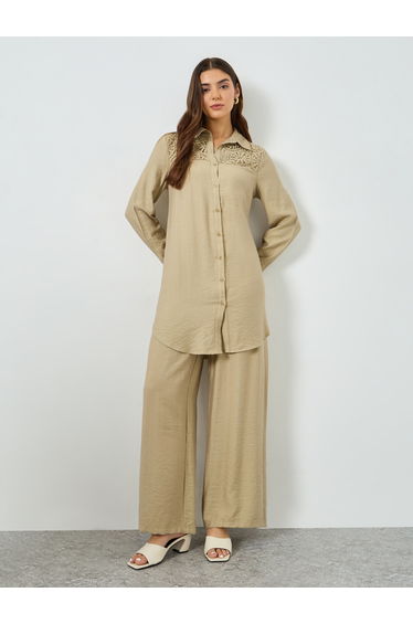 Beige Lace Detail Longline Shirt and Pants Co-Ords