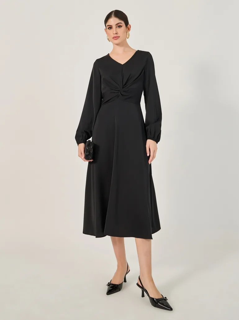 Plain Cuffed Sleeves A-Line Midi Dress Styli Black : Day Dresses :  VogaCloset Oman