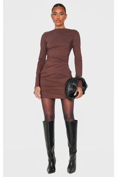Chocolate Bengaline Long Sleeve Ruched Bodycon Dress