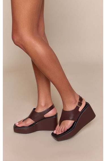 Chocolate Faux Leather Buckle Toe Thong Wedges