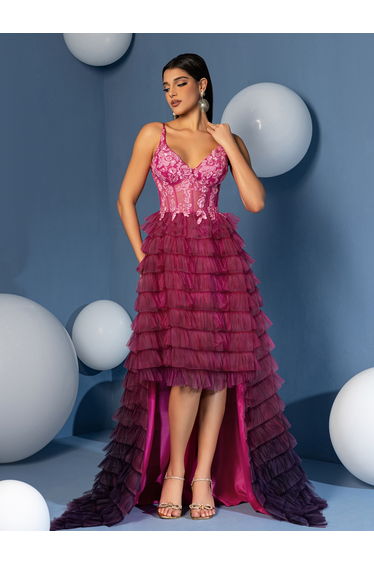 Modecrush A Line V Neck High Low Gradient Ruffle Skirt Dress