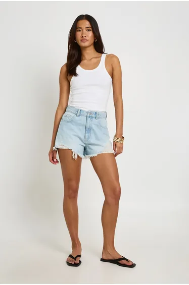 High Waist Ripped Mom Shorts - bleach wash