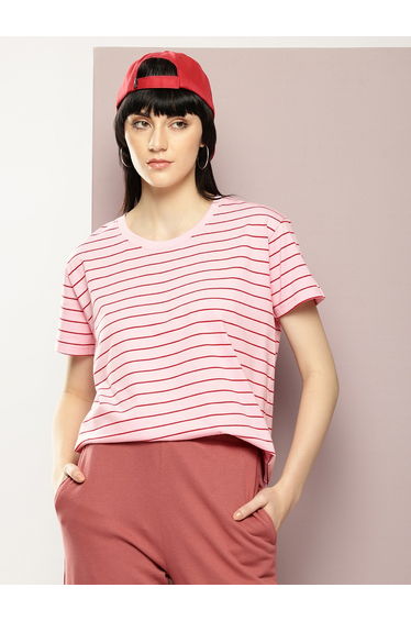 Women Pink Striped Yarn Dyed Boxy T-Shirt
