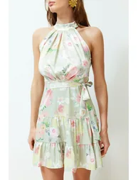 Green Patterned Satin Dress Woven Mini Dress - 3