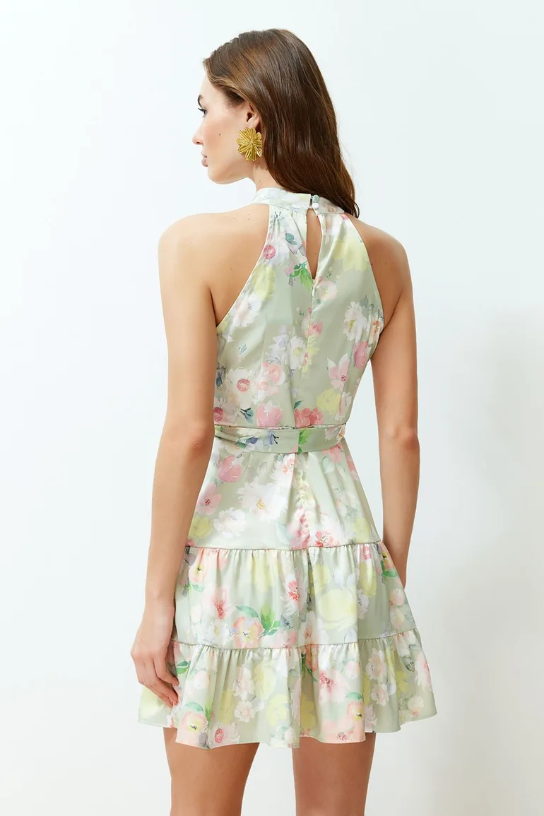 Green Patterned Satin Dress Woven Mini Dress - 4