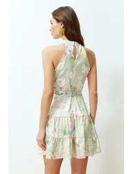 Green Patterned Satin Dress Woven Mini Dress - 4