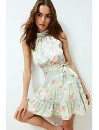 Green Patterned Satin Dress Woven Mini Dress - 1