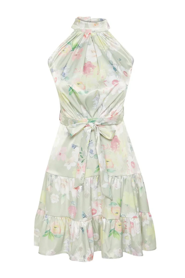 Green Patterned Satin Dress Woven Mini Dress - 6
