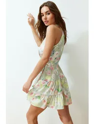 Green Patterned Satin Dress Woven Mini Dress - 2