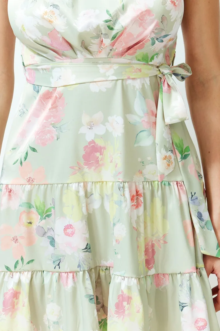 Green Patterned Satin Dress Woven Mini Dress - 5