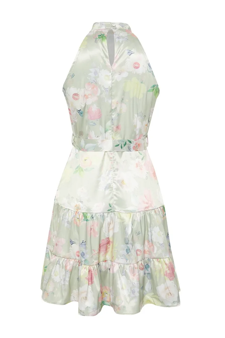 Green Patterned Satin Dress Woven Mini Dress - 7