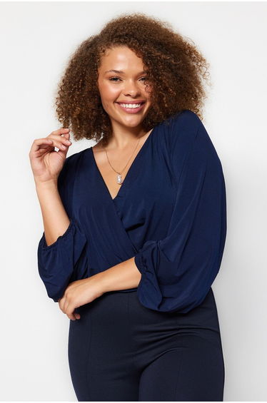 Navy Blue Balloon Sleeve Double Breasted Neckline Knitted Crop Blouse