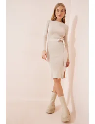 Women's Cream Crew Neck Lycra Sweater Dress