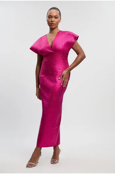 فستان ماكسي محبوك ميتاليك بأكمام إينجيل - للمقاسات الكبيرة