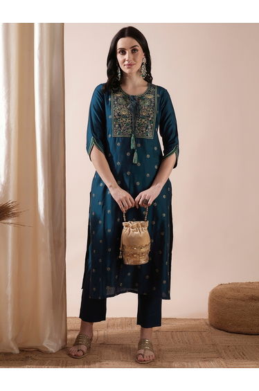 Embroidered Tie-Up Tassels Straight Kurta with Pants Set