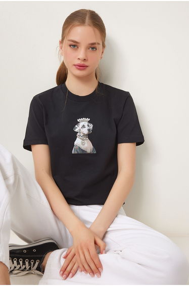 Women's Black Stylish Stone Emblem Cotton Knitted T-Shirt