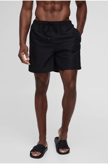 Branded Mid Length Swim Short in Black - black