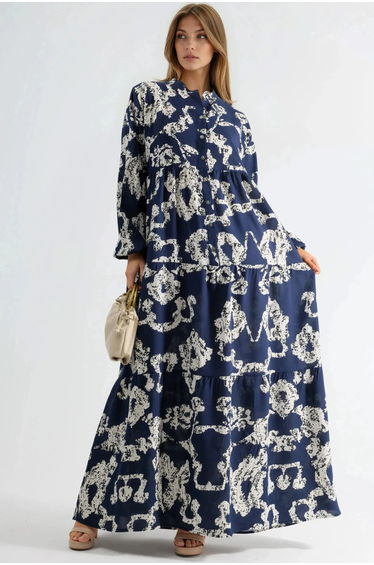 V-Neck Patterned Maxi Dress with Buttons