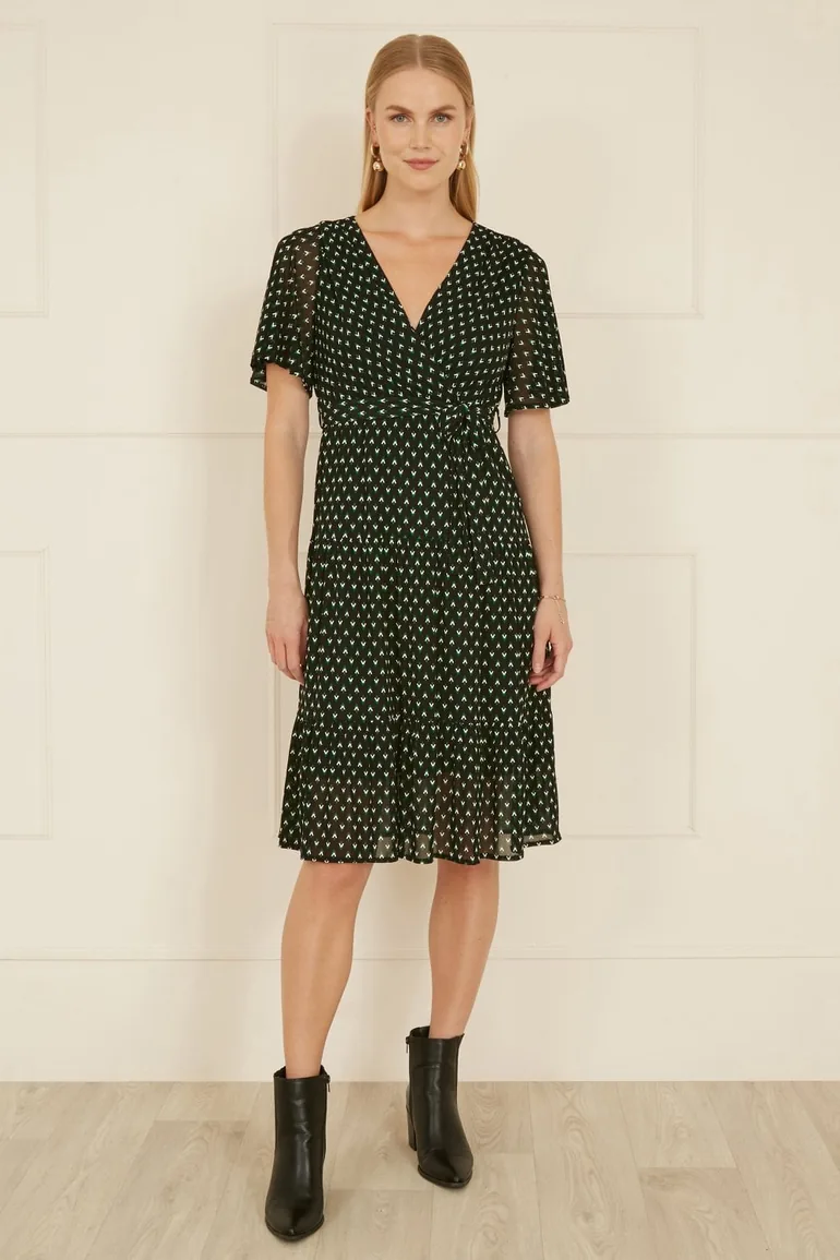 Shop Yumi Black Dot Print Mesh Stretch Midi Skater Dress Online in Oman