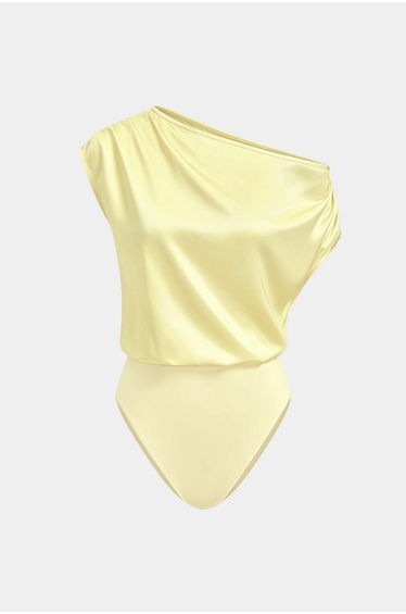 Satin Patchwork One Shoulder Ruched Sleeveless Bodysuit