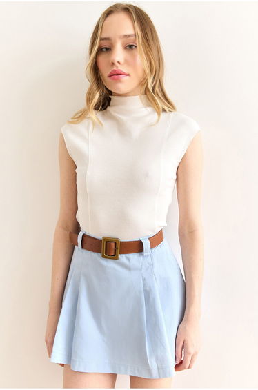 Women's White Stand Collar Stitching Detailed Top