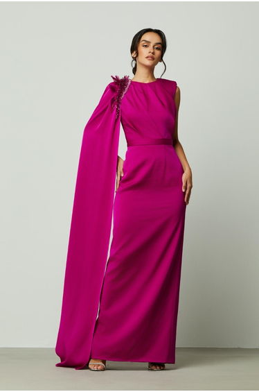 embellished shoulder satin dress