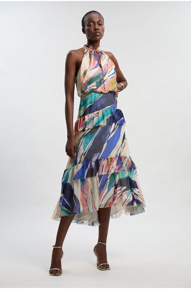 Marble Print Crinkle Chiffon Halter Neck Woven Dress