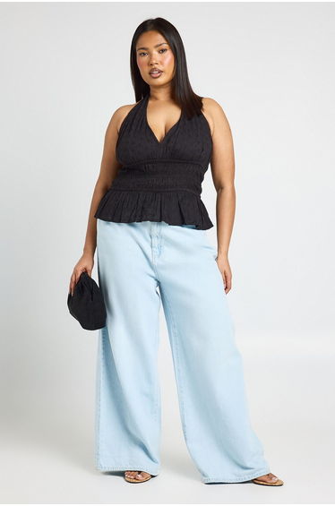 Plus Broidery Shirred Halterneck Top - black