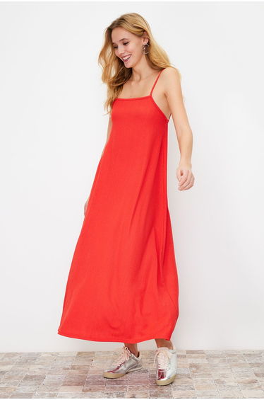 Red Square Neck A-Line Wrap/Textured Knitted Dress