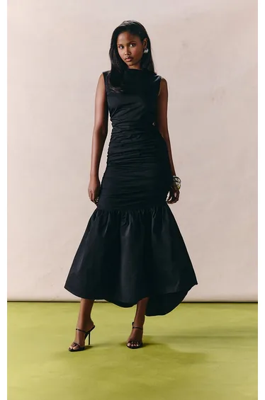 Black Ruched Skater Hem Midaxi Dress