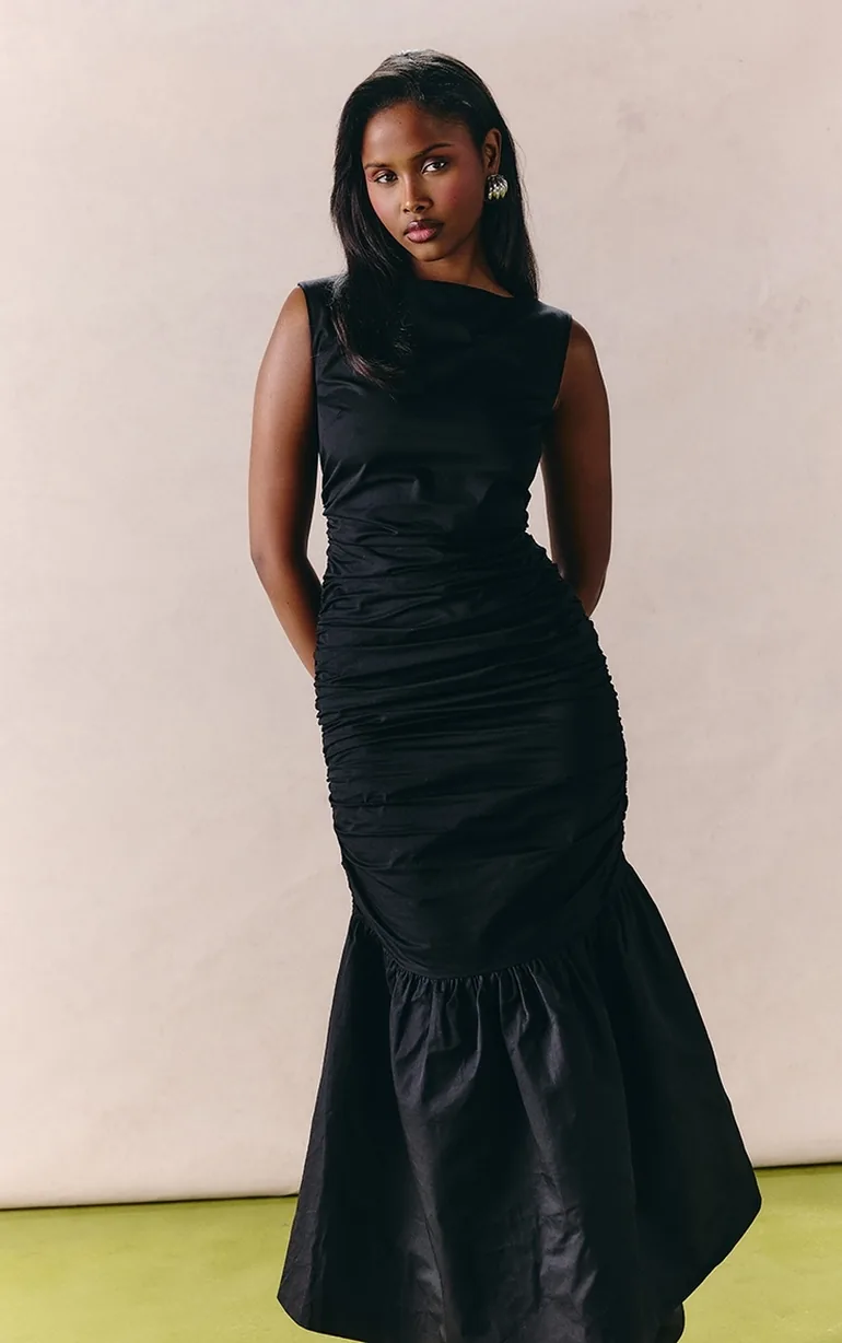 black sheer dress long Lace Sleeve Bodycon Maxi Size:US26+ lily_embellishment::Ruched sheer black lace Lilac Backless Mermaid Dress
