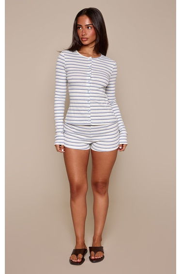 Petite Grey Marl Stripe Ribbed Fitted Mini Shorts