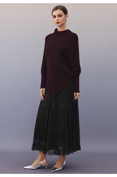 Folded Neck Batwing Sleeves Asymmetric Hem Knit Sweater in Plum